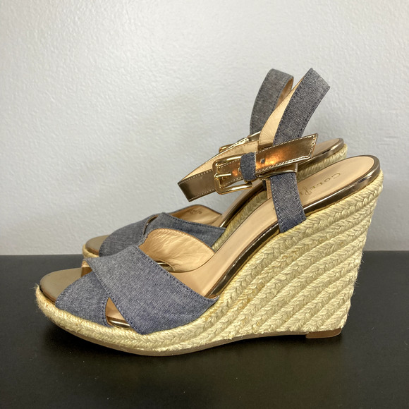 Cole Haan Espadrille Wedge Sandals Heels Sz 7B Chambray Ankle Strap D41160 - Picture 1 of 8